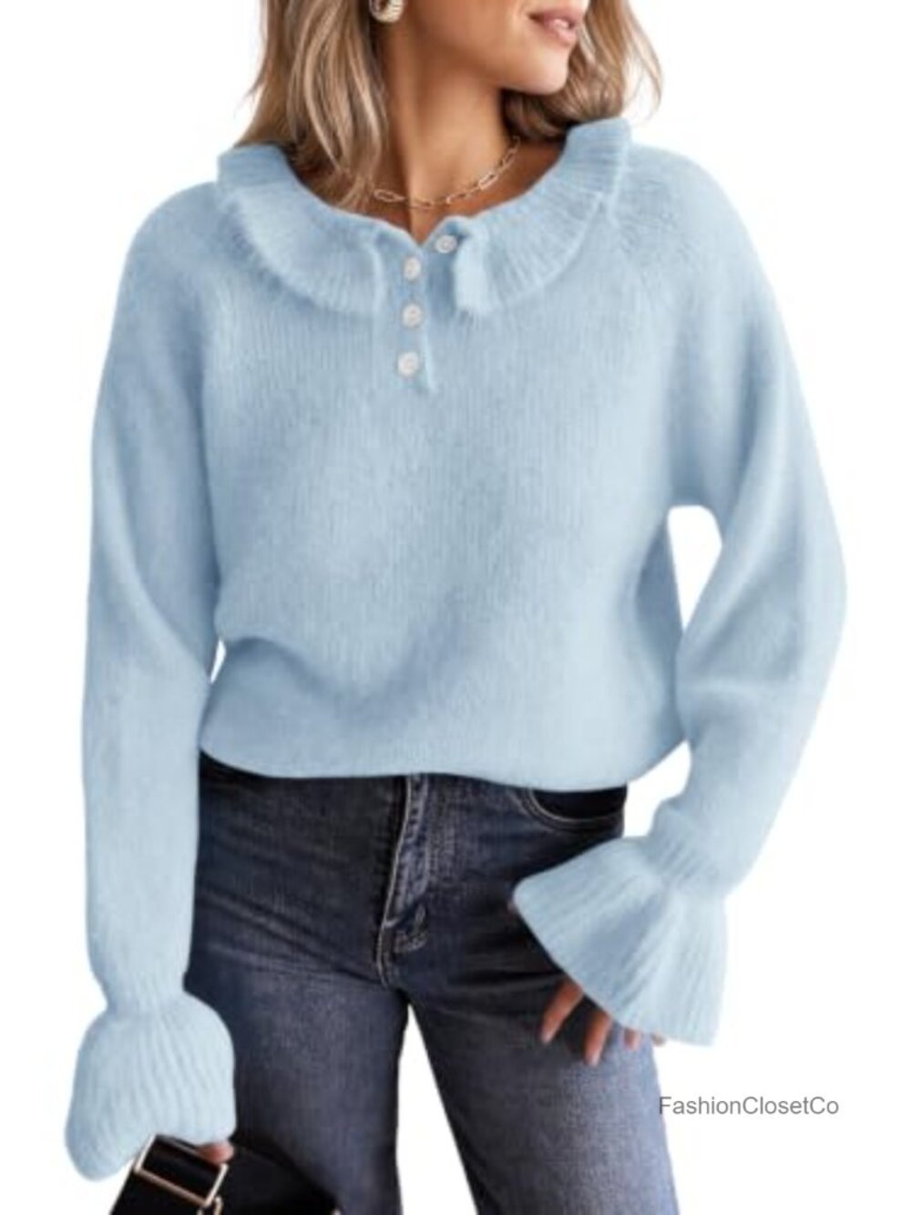 Women's Ruffle Collar Long Sleeve Knit Pullover Sweater Preppy Fall Top Acrylic